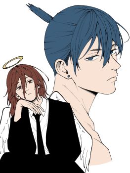 Rule 34 | 2boys, androgynous, angel devil (chainsaw man), angel wings, black jacket, black pants, black suit, blue eyes, brown eyes, brown hair, chainsaw man, closed mouth, collared shirt, commentary request, earrings, feathered wings, formal clothes, hair between eyes, halo, hayakawa aki, head on hand, highres, jacket, jewelry, long hair, mayhapcat, multiple boys, pants, ponytail, shirt, short ponytail, suit, suit jacket, upper body, white background, white shirt, white wings, wings