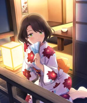 1girl balcony barefoot blush bowl breasts brown_hair closed_mouth floral_print floral_print_kimono folding_fan game_cg green_eyes hand_fan hanging_scroll hashima_ema holding holding_fan japanese_clothes kimono lantern medium_breasts night obi official_art print_kimono railing sash saucer scroll short_hair sitting smile solo table tatami third-party_source toji_no_miko toji_no_miko:_kizamishi_issen_no_tomoshibi white_kimono wooden_table yellow_sash yokozuwari yukata