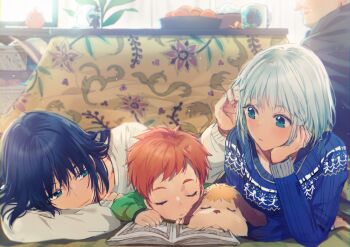 1girl 3boys alternate_costume black_hair blue_eyes blue_sweater book bowl child cup dangmill day dog food fruit green_shirt half-closed_eyes hand_in_another&#039;s_hair head_out_of_frame head_rest heen hetero howl_no_ugoku_shiro howl_pendragon indoors kotatsu light_frown long_hair long_sleeves lying mandarin_orange markl mug multiple_boys on_stomach open_book red_hair shirt sleeping slice_of_life smile sophie_hatter_(howl_no_ugoku_shiro) sweater table white_hair white_shirt