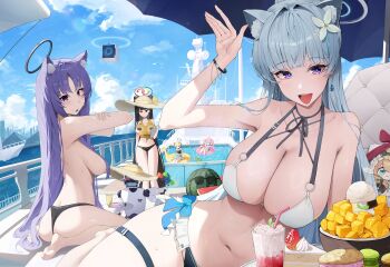 5girls absurdres animal_ear_fluff animal_ear_headwear animal_ears applying_sunscreen armpit_crease armpits avant_garde_(blue_archive) bikini bikini_bottom_only bird black_bikini black_hair black_halo blonde_hair blue_archive blue_bikini blue_bow blue_eyes blunt_bangs boat bow bracelet braid breasts cake cat_ears cleavage cloud cloudy_sky couch drone earrings ears_through_headwear fake_animal_ears flower food food_request fruit grey_hair hair_bun hair_flower hair_ornament halo hat highres holding holding_tablet_pc holding_tray holding_water_gun ice_cream innertube jewelry josal koyuki_(blue_archive) long_hair looking_at_viewer looking_back macaron mari_(blue_archive) mechanical_halo multiple_girls navel noa_(blue_archive) nun o-ring o-ring_top on_couch on_innertube open_mouth orange_hair parted_bangs partially_submerged pink_hair pink_halo pool purple_eyes purple_hair ribbon rio_(blue_archive) robot sarong seagull seminar_(blue_archive) ship short_hair side_braid sideboob single_hair_bun sitting sky standing straw_hat strawberry sun_hat sunglasses sweat swim_ring swimsuit tablet_pc thigh_strap toki_(blue_archive) tray twintails umbrella very_long_hair wariza water_cooler water_gun watercraft watermelon waving whipped_cream white_bikini white_halo yellow_ribbon yuuka_(blue_archive)