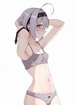 1girl absurdres ahoge armpits arms_behind_head bare_arms bare_shoulders black_hairband black_survival blue_eyes bra breasts collarbone commentary cowboy_shot eternal_return:_black_survival grey_bra grey_hair grey_panties hairband hands_up highres jinggun looking_at_viewer multicolored_panties navel panties short_hair simple_background sissela_kyle small_breasts solo stomach striped_clothes striped_panties two-tone_panties underwear underwear_only white_background white_panties