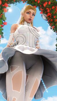 1girl 3d blonde_hair blue_eyes blue_sky breasts clothing_cutout cloud day dress fantastic_four flower from_below highres keu3d long_hair looking_at_viewer marvel marvel_rivals official_alternate_costume outdoors pantyhose pantyhose_cutout red_flower red_rose rose sky solo sue_storm sue_storm_(the_life_fantastic) white_dress white_pantyhose