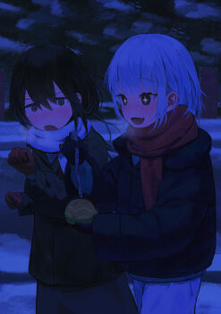 2025 2girls absurdres animal black_hair chinese_zodiac commentary_request fang gloves grey_hair highres holding jacket long_sleeves multiple_girls open_mouth original puffy_sleeves red_gloves red_scarf scarf skin_fang snake star-shaped_pupils star_(symbol) symbol-shaped_pupils tokaki winter year_of_the_snake