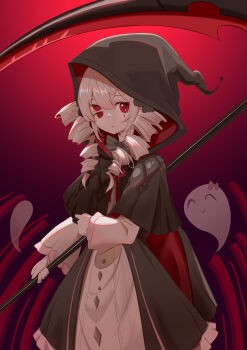 Rule 34 | 1girl, absurdres, bow, cape, closed mouth, dress, drill hair, extra eyes, ghost, grey hair, hair between eyes, highres, holding, holding scythe, hood, hood up, hooded cape, long hair, long sleeves, looking at viewer, mark under eye, red background, red eyes, reset no yunai, scythe, solo, tlipoca, twin drills, weapon, white dress, white hair, yog-sothoth's yard