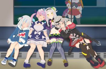 absurdres black_coat blue_dress coat commentary_request dress gawr_gura gawr_gura_(1st_costume) hair_ornament highres hololive hololive_english interlocked_fingers kiryu_coco kiryu_coco_(1st_costume) kuronagirai minato_aqua minato_aqua_(1st_costume) murasaki_shion murasaki_shion_(1st_costume) pink_hair sakamata_chloe sakamata_chloe_(1st_costume) sitting skirt sleeping tail train_interior virtual_youtuber white_hair