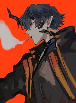 1boy absurdres arknights bishounen black_hair black_jacket black_shirt cigarette demon_boy flamebringer_(arknights) from_side highres horns infection infection_monitor_(arknights) jacket looking_at_viewer male_focus material_growth mouth_hold orange_background orange_eyes oripathy_lesion_(arknights) pointy_ears profile red_background shirt short_hair simple_background smoke smoking solo toramaru_(696anna) upper_body