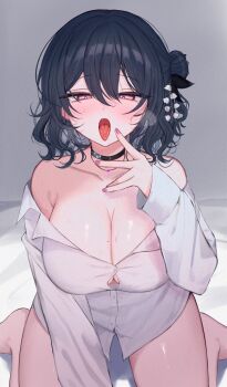 1girl absurdres artist_request black_choker blue_hair breasts button_gap choker cleavage hair_bun heavy_breathing highres huge_breasts indie_virtual_youtuber long_sleeves looking_at_viewer mole mole_on_breast mole_under_mouth no_pants open_mouth pink_nails shirt short_hair single_hair_bun solo thighs tokiai_misao tongue tongue_out white_shirt