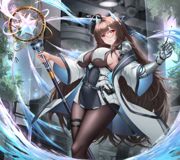 1girl absurdres ahoge arisanna_(grand_archive) belt belt_around_waist belt_pouch black_belt black_bow black_pantyhose blue_trim blunt_bangs bow breast_curtains breasts brown_hair casting_spell cleavage closed_mouth commentary_request covered_navel cyberpunk dress glass glasses grand_archive hair_bow hair_intakes hands_up head_tilt headgear highres holding holding_staff holding_weapon indoors jacket large_breasts light_particles light_trail long_hair looking_at_viewer magic mechanical_arms monocle off_shoulder pantyhose pink_eyes plant pouch see-through_cleavage see-through_clothes semi-rimless_eyewear sideboob sidelocks single_mechanical_arm smile solo sparkle staff standing star_(symbol) thighs three-quarter_sleeves two-sided_fabric two-sided_jacket under-rim_eyewear very_long_hair weapon white_dress white_jacket wo_de_jin_sun yellow-framed_eyewear