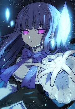 Rule 34 | 1girl, black dress, blue bow, blue hair, blunt bangs, bow, commentary, dress, frederica bernkastel, frills, hime cut, kakera, lolita fashion, long hair, outstretched hand, purple eyes, solo, symbol-only commentary, umibenokurage, umineko no naku koro ni