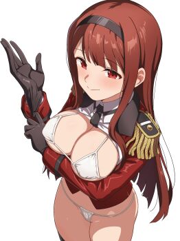 1girl absurdres adjusting_clothes adjusting_gloves arm_under_breasts bikini black_gloves black_hairband black_necktie black_thighhighs blush breasts cleavage closed_mouth clothes_lift covered_navel cowboy_shot epaulettes gloves hairband heart highres idolmaster idolmaster_million_live! jacket large_breasts long_hair long_sleeves micro_bikini milliani necktie open_clothes open_jacket red_eyes red_hair red_jacket shirt shirt_lift simple_background smile solo swimsuit tanaka_kotoha thighhighs very_long_hair white_background white_bikini white_shirt