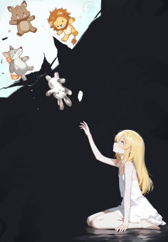 1girl absurdres aged_down aiz_wallenstein arm_up bare_arms bare_legs black_background blonde_hair chinese_commentary commentary_request dress dungeon_ni_deai_wo_motomeru_no_wa_machigatteiru_darou_ka from_side highres long_hair looking_up parted_lips reaching sidelocks signature sitting sleeveless sleeveless_dress solo stuffed_animal stuffed_boar stuffed_lion stuffed_rabbit stuffed_toy stuffed_wolf stuffing user_kxcv3332 wariza white_dress yellow_eyes