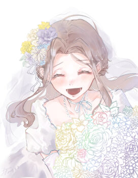 Rule 34 | bouquet, bridal veil, bride, brown hair, closed eyes, digimon, dress, flower, highres, long hair, pixiv user (4025235), tachikawa mimi, veil, wedding dress