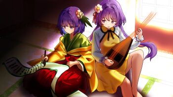 2girls absurdres burukyu commission dress green_kimono hieda_no_akyuu highres holding holding_instrument indoors instrument japanese_clothes kimono low_twintails multiple_girls purple_eyes purple_hair red_skirt skirt touhou tsukumo_benben twintails writing yellow_dress yellow_kimono