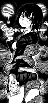 Rule 34 | 1girl, arm at side, black jacket, blush, bound, bread, breasts, cephalopod eyes, character request, closed mouth, collared shirt, copyright request, cowboy shot, dark background, food, from behind, greyscale, half-closed eyes, hand up, head tilt, highres, holding, holding food, ireading, jacket, looking at viewer, looking back, medium breasts, melon bread, miniskirt, monochrome, monster, pinky out, pleated skirt, restrained, shirt, short hair, skirt, smile, solo, suction cups, teardrop, tentacles