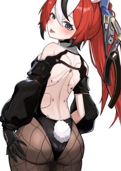 1girl animal_ears black_hair blue_eyes cyborg dorahd01 fake_tail fishnet_pantyhose fishnets from_behind hakos_baelz highleg highleg_leotard highres hololive hololive_english leotard long_hair mouse_ears mouse_girl multicolored_hair pantyhose playboy_bunny rabbit_tail red_hair solo stellar_blade strapless strapless_leotard streaked_hair tail virtual_youtuber white_hair
