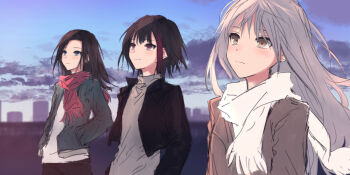 3girls bang_dream! bang_dream!_girls_band_party! black_jacket black_pants blue_sky brown_coat coat commentary cowboy_shot grey_hair grey_sweater hand_in_pocket jacket long_hair long_sleeves looking_up minato_yukina mitake_ran multiple_girls open_clothes open_jacket outdoors pants red_scarf scarf shirt sky sweater trait_connection turtleneck turtleneck_sweater wakana_rei white_scarf white_shirt yellow_eyes yukitake_(bullfalk)