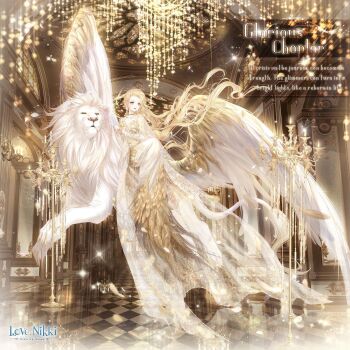 Rule 34 | 1girl, animal feet, artist request, asymmetrical hair, barefoot, blonde hair, candle, candlestand, cape, chandelier, character name, choker, closed mouth, copyright logo, dot nose, dress, english text, expressionless, eyelashes, feather-trimmed dress, fire, floating hair, full body, glorious chapter (miracle nikki), gold ring, gown, griffin, highres, indoors, interlocked fingers, lace, lace sleeves, light particles, lipstick, logo, long dress, long hair, long sleeves, looking at viewer, makeup, miracle nikki, nikki (series), official art, own hands together, petals, red lips, riding, solo, sparkle, stained glass, third-party source, very long hair, wavy hair, white cape, white dress, yellow choker, yellow eyes, yellow theme