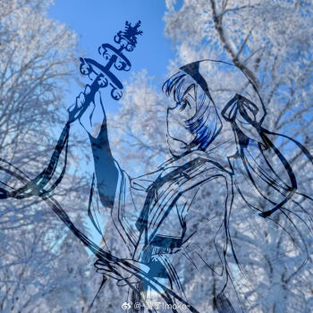 1girl artist_name bell blue_sky chinese_commentary commentary_request from_side hatsune_miku holding holding_bell holding_instrument hooded_kimono imoko_(imonatsuki) instrument jingle_bell kagura_suzu outdoors photo_background see-through_body sky snow_on_tree solo upper_body vocaloid watermark weibo_watermark winter yuki_miku yuki_miku_(2018)