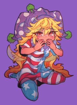 1girl absurdres american_flag_dress american_flag_legwear blonde_hair blush_stickers clownpiece commentary_request fairy_wings full_body hands_on_own_face hat highres inuyama_konan jester_cap long_hair looking_at_viewer neck_ruff polka_dot purple_background red_eyes short_sleeves simple_background sitting smile solo star_(symbol) striped_clothes touhou very_long_hair wings