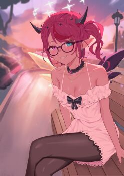 Rule 34 | 1girl, :d, absurdres, asymmetrical wings, black choker, black pantyhose, blue eyes, breasts, choker, cleavage, commentary, commission, crystal wings, double halo, dress, earrings, english commentary, flower earrings, frilled dress, frills, glasses, grin, halo, heterochromia, highres, hololive, hololive english, horns, irys (casualrys) (hololive), irys (hololive), jewelry, looking at viewer, medium breasts, medium hair, mismatched wings, necklace, off-shoulder dress, off shoulder, official alternate costume, official alternate hairstyle, on bench, open mouth, outdoors, pantyhose, pink eyes, pointy ears, red hair, red streaks, shift (shiftillust), short dress, side ponytail, smile, solo, spaghetti strap, star-shaped pupils, star (symbol), star halo, symbol-shaped pupils, virtual youtuber, white dress, wings