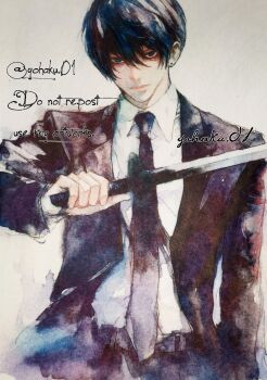 1boy artist_name black_eyes black_hair black_jacket black_necktie black_pants chainsaw_man collared_shirt earrings hayakawa_aki highres holding holding_sword holding_weapon jacket jewelry katana looking_at_viewer male_focus necktie painting_(medium) pants shirt solo stud_earrings suit_jacket sword traditional_media watercolor_(medium) weapon white_shirt yohaku_01