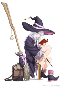 Rule 34 | 1girl, anime coloring, ankle boots, bag, black boots, black coat, black hat, book, boots, bow, bowtie, braid, bridal gauntlets, broom, closed mouth, coat, commentary request, elaina (majo no tabitabi), feet, fold-over boots, full body, grey hair, hair between eyes, hat, highres, holding, holding book, holding wand, knee up, majo no tabitabi, official art, pink bow, purple eyes, simple background, single boot, single bridal gauntlet, sitting, smile, solo, toes, unworn boots, wand, white background, witch, witch hat