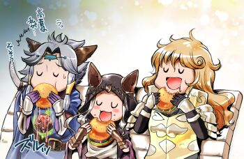 10s 1girl 2boys :3 :d ^^^ animal_ears armor belt blonde_hair blush_stickers burger burger_malfunction cat_ears cloak drooling ears_through_headwear eating erune closed_eyes failure food granblue_fantasy hair_intakes hair_tubes holding hood hooded_cloak long_hair multiple_boys naoise open_mouth scathacha_(granblue_fantasy) seruel shuuko silver_hair smile