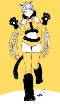1girl animal_ears animal_hands bell blush_stickers breasts cat_ears cat_girl cat_tail claws commentary_request detached_sleeves footprints fur-trimmed_shorts fur_trim gloves hair_ornament highres jingle_bell lee_(dragon_garou) long_hair low_twintails medium_breasts micro_shorts midriff navel neck_bell original partially_colored paw_gloves paw_print pom_pom_(clothes) pom_pom_hair_ornament shorts solo standing standing_on_one_leg tail thighhighs twintails very_long_hair yellow_theme yellow_thighhighs