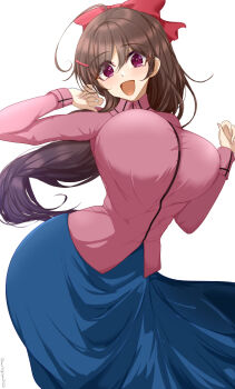 1girl ahoge blue_skirt bouncing_breasts breasts brown_hair chamumi_(mochiumee) dress_shirt feet_out_of_frame hair_ribbon half_updo highres kantai_collection large_breasts long_hair mamiya_(kancolle) one-hour_drawing_challenge open_mouth pink_shirt red_eyes red_ribbon ribbon shirt skirt smile solo