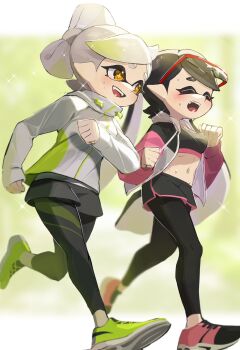 +_+ 2girls black_hair black_leggings black_shorts black_sports_bra callie_(splatoon) closed_eyes commentary cousins dolphin_shorts eyewear_on_head fangs frown gradient_hair green_hair green_shoes grey_hair grey_jacket half_updo highres jacket leggings leggings_under_shorts long_hair long_sleeves looking_to_the_side marie_(splatoon) midriff multicolored_hair multiple_girls navel nintendo nomu_(29_nom) open_clothes open_jacket open_mouth orange_eyes pink_jacket pink_shoes pointy_ears running shoes short_hair short_shorts shorts smile sneakers sparkle splatoon_(series) splatoon_1 sports_bra sweat swept_bangs tentacle_hair very_long_hair