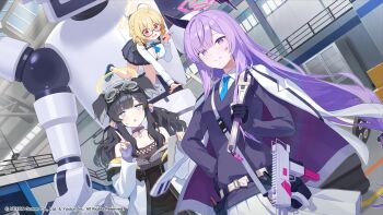 3girls ahoge animal_ears avant_garde_(blue_archive) black_hair blonde_hair blue_archive blue_eyes blue_necktie blush braid breasts bright_pupils choker cleavage collared_shirt dog_ears dog_girl dog_tail eyewear_on_head floating_headgear gloves goggles goggles_on_head gun halo headgear hibiki_(blue_archive) highres holding holding_wrench index_finger_raised kotori_(blue_archive) large_breasts long_hair long_sleeves looking_at_viewer momomoi_momoi multiple_girls necktie official_art open_mouth purple_eyes purple_hair red_eyes robot shirt skirt smile submachine_gun tail utaha_(blue_archive) weapon white_pupils wrench yellow_halo