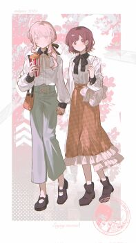 1girl 1other akiyama_mizuki bag black_shoes brown_eyes brown_hair brown_skirt collared_shirt earrings food frilled_skirt frills full_body hair_ribbon highres holding_hands jewelry kyline long_hair long_skirt long_sleeves looking_at_viewer low_ponytail pants pink_eyes pink_hair ponytail popcorn project_sekai ribbon shinonome_ena shirt shoes short_hair shoulder_bag skirt smile white_shirt