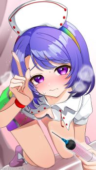 1girl absurdres artist_name asaka_haru123 blush commentary_request commission embarrassed highres looking_at_viewer nose_blush nurse pixiv_commission purple_eyes short_hair solo sweat syringe tenkyuu_chimata thighs touhou unconnected_marketeers