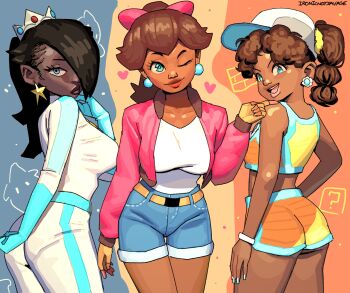 3girls absurdres alternate_hair_color alternate_hairstyle alternate_skin_color ass baseball_cap biker_clothes biker_rosalina bikesuit black_hair blue_eyes blue_gloves blue_nails bodysuit bow breasts brown_hair commentary cowboy_shot crop_top crown dark-skinned_female dark_skin darkened_skin denim denim_shorts earrings english_commentary expressionless fingerless_gloves fingernails flower_earrings from_behind gloves hair_bow hair_over_one_eye hand_up hat heart highres index_finger_raised ironicnotsavage jacket jewelry large_breasts long_hair looking_at_viewer looking_back mario_(series) mario_kart mario_kart_world multiple_girls nail_polish nintendo one_eye_closed open_clothes open_jacket open_mouth orange_shorts orange_sports_bra pink_bow pink_jacket ponytail princess_daisy princess_daisy_(swimwear)_(mario_kart_world) princess_peach princess_peach_(touring) racing_suit rosalina short_shorts shorts smile sphere_earrings sports_bra star_(symbol) star_earrings swimsuit teeth upper_teeth_only very_dark_skin white_bodysuit white_hat yellow_gloves yellow_shorts yellow_sports_bra