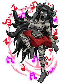 1girl black_hair colored_skin demon_girl demon_horns female_focus highres horns long_hair mummy_costume musical_note sharp_teeth siren_(the_binding_of_isaac) solo teeth the_binding_of_isaac