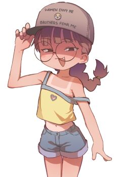 Rule 34 | 1girl, adjusting clothes, adjusting headwear, arm at side, bare shoulders, brown hair, camisole, clothes writing, clothing cutout, commentary, cowboy shot, crying emoji, denim, denim shorts, emoji, english text, fang, female focus, glasses, half-closed eyes, hat, headwear writing, heart cutout, highres, looking at viewer, medium hair, meme, mesugaki, mesugaki (orenji), midriff, navel, open mouth, orenjipiiru, original, round eyewear, shaded face, short shorts, shorts, simple background, smile, smirk, solo, standing, strap slip, tan, tanline, uohhhhhhhhh! (meme), white background, women want me fish fear me (meme), yellow camisole
