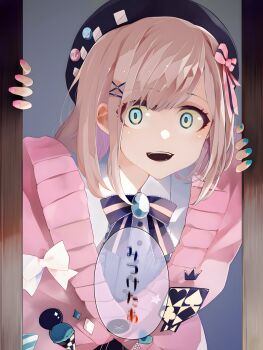 1girl absurdres aqua_nails beret black_hat blush bow brown_hair cardigan center_frills collared_shirt commentary fingernails frills green_eyes hair_ornament hairclip hat hat_pin highres long_hair looking_at_viewer nail_polish nijisanji open_mouth pink_bow pink_cardigan pink_nails purple_bow shirt smile solo striped_bow susumu suzuhara_lulu suzuhara_lulu_(1st_costume) teeth translation_request virtual_youtuber white_bow white_shirt wide-eyed