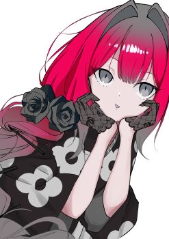 1girl absurdres baobhan_sith_(fate) baobhan_sith_(over_the_same_sky)_(fate) black_gloves black_kimono breasts choker commentary_request earrings fate/grand_order fate_(series) floral_print gloves grey_eyes highres japanese_clothes jewelry kight_350 kimono long_hair long_sleeves looking_at_viewer medium_breasts parted_lips pink_hair pointy_ears red_hair sidelocks skirt solo wide_sleeves