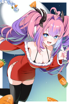 2girls ahoge bare_shoulders black_bra black_thighhighs blue_background blue_eyes blue_hair blush border bra bra_strap breasts carrot christmas cleavage collarbone commentary_request dress fang floating_hair fur-trimmed_dress fur_trim gradient_background hair_intakes heart heart_ahoge highres holding holding_sack hole hololive hololive_dev_is kikirara_vivi kokonahizuru large_breasts light_particles long_hair long_sleeves looking_at_viewer multicolored_hair multiple_girls nail_polish off-shoulder_dress off_shoulder open_mouth outstretched_arm pink_hair pink_nails purple_hair red_dress sack santa_costume santa_dress side_slit sidelocks skin_fang sleeves_past_wrists solo_focus symbol-shaped_pupils thighhighs thighs twintails two-tone_hair underwear usada_pekora very_long_hair virtual_youtuber white_border white_hair