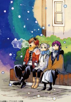 Rule 34 | 1boy, 2girls, abe tsukasa, artist name, black pants, black pantyhose, black shoes, blue scarf, boots, breath, bush, copyright notice, dress, elf, fern (sousou no frieren), frieren, highres, jacket, looking up, multiple girls, official art, open mouth, outdoors, pants, pantyhose, pointy ears, poncho, purple hair, red hair, red jacket, scarf, second-party source, shoes, sitting, snowing, sousou no frieren, stark (sousou no frieren), white hair, white jacket, wide shot, window light