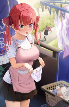 2girls absurdres apron aqua_hair backpack bag black_bag black_skirt blue_dress blue_skirt blush breasts colored_inner_hair curly_hair day dress grey_shirt hair_ribbon heterochromia highres holding holding_panties holding_underwear holding_unworn_clothes hololive houshou_marine large_breasts long_hair minato_aqua mochiki_927 multicolored_hair multiple_girls musical_note open_mouth panties pink_apron pink_hair red_eyes red_hair red_ribbon ribbon shirt short_sleeves skirt smile thighhighs thighs twintails two-tone_hair underwear unworn_dress virtual_youtuber white_panties white_shirt white_thighhighs yellow_eyes