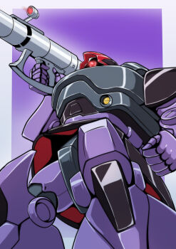 absurdres aiming bazooka_(gundam) commentary_request dom_(mobile_suit) glowing glowing_eye gradient_background gundam highres holding holding_weapon machinery mecha mecha_focus mobile_suit mobile_suit_gundam no_humans one-eyed purple_background red_eyes robot sangyou_haikibutsu_a science_fiction scope solo weapon zeon