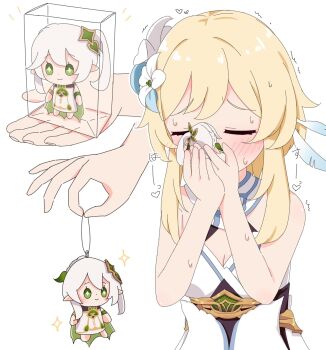 azbchan1221 blonde_hair blush character_doll doll flower genshin_impact hair_flower hair_ornament highres implied_cunnilingus lumine_(genshin_impact) nahida_(genshin_impact) sweat toy
