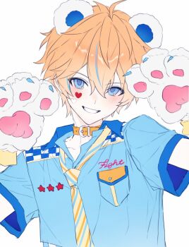 1boy ahoge akehoshi_subaru animal_ears animal_hands arms_up bear_ears belt_collar blue_eyes blue_shirt blush choker collar commentary ensemble_stars! gloves grin hair_between_eyes heart heart_sticker highres korean_commentary looking_at_viewer male_focus multicolored_hair necktie orange_choker orange_hair paw_gloves seemillar shirt short_hair short_sleeves simple_background smile solo sticker sticker_on_face streaked_hair striped_clothes striped_necktie upper_body white_background