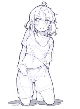 1girl ahoge alternate_costume bandaid bandaid_on_face breasts full_body groin highres kantai_collection kneeling lineart medium_breasts navel oboro_(kancolle) shirt short_hair solo tatahai