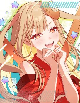 1girl animal_ears blonde_hair blush hair_ornament highres japanese_clothes kimono long_hair looking_at_viewer open_mouth orange_eyes original pochimaru_(marumaru_wanwan) rabbit_ears red_kimono red_nails red_sleeves smile solo