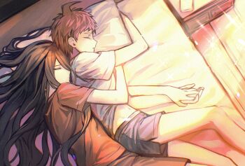 2boys ahoge black_hair black_shorts brown_hair chinese_commentary closed_eyes closed_mouth commentary_request cyacyacyacyaki danganronpa_(series) danganronpa_2:_goodbye_despair dual_persona from_above highres hinata_hajime holding_hands indoors kamukura_izuru long_hair lying male_focus multiple_boys navel on_bed on_side pillow red_shirt selfcest shirt short_sleeves shorts sleeping sparkle spooning t-shirt very_long_hair white_shirt yaoi