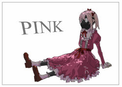 Rule 34 | 1girl, absurdres, bow, character name, dress, full body, gas mask, hair ornament, highres, long sleeves, mahou shoujo magical destroyers, mary janes, mask, medium hair, pink (magical destroyers), pink dress, pink hair, red bow, red ribbon, ribbon, shoes, simple background, sitting, socks, solo, tsukasa1217, twintails, white background, white socks