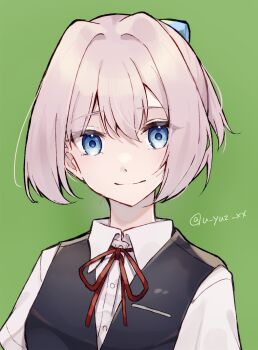 1girl black_vest blue_eyes blue_ribbon closed_mouth collared_shirt commentary_request green_background hair_between_eyes hair_ribbon highres kantai_collection looking_at_viewer neck_ribbon red_ribbon ribbon shiranui_(kancolle) shirt simple_background solo twitter_username u_yuz_xx upper_body vest white_shirt