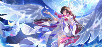 1girl absurdres black_hair columbina_(genshin_impact) dress feathered_wings full_moon genshin_impact hair_ornament head_wings highres leleyoukuailele long_hair moon multicolored_hair purple_eyes purple_hair smile solo streaked_hair two-tone_hair unusually_open_eyes very_long_hair white_dress white_wings wings